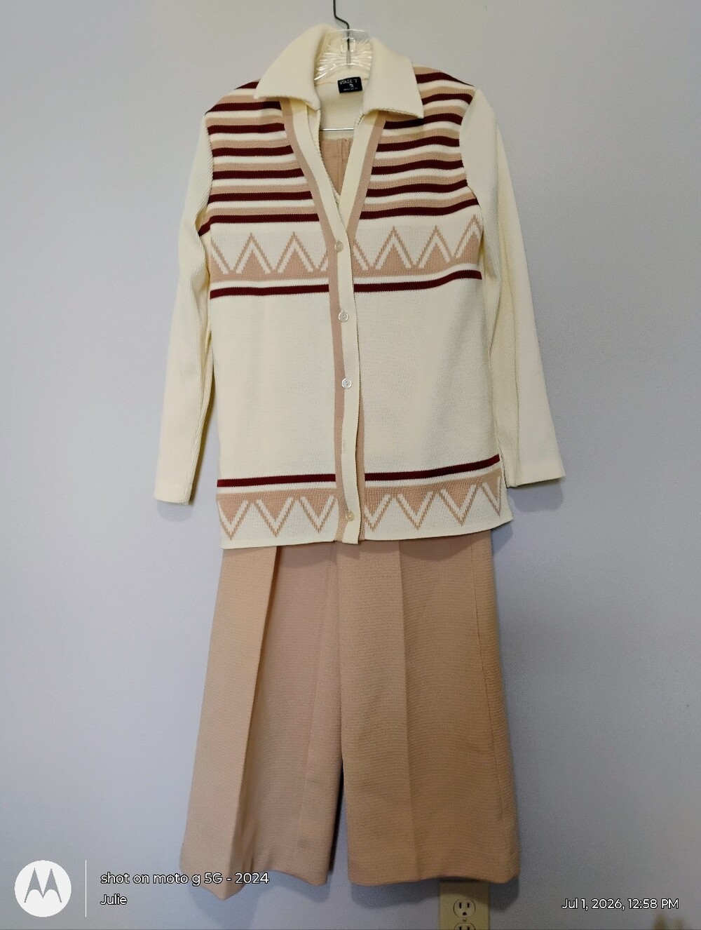 Vintage 70s 3 Piece Pants Suit Set Tan Brown Cream Stripe Chevron Knit M